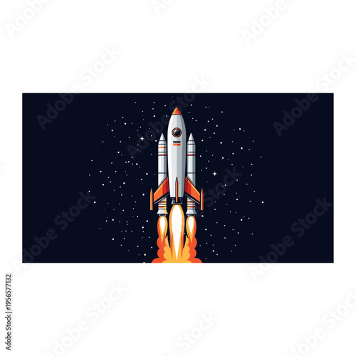 Retro Space Rocket Launching into Starry Night Sky