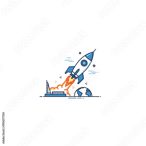 Modern Line Art Rocket Launching, Earth Orbiting