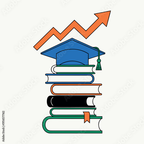 stacked books with graduation cap and upward growth arrow