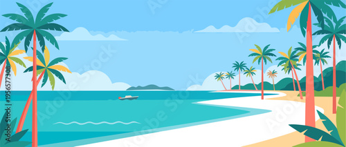 Tropical island beach scene with palm trees and calm ocean waves on a sunny day with clear blue sky and white sandy shore