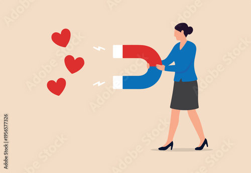Social media marketing, SNS or social network service, influencer or online advertising, customer engagement to attract user like concept, woman online influencer using magnet to draw love symbols