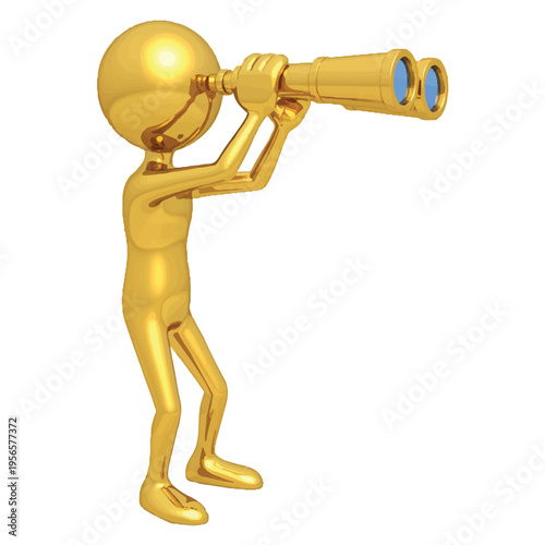 Golden humanoid figure looking through large binoculars on white background  searching  exploration