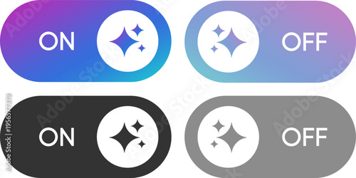 AI Toggle Switch On Off Buttons with Sparkle Icons, Modern Gradient Artificial Intelligence UI Elements for Web and App Design. Generative AI Mode Toggle Switches, Active and Inactive Smart Interface 