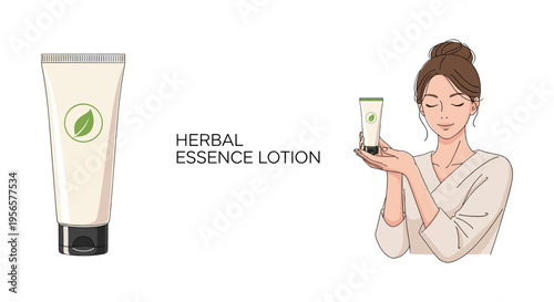 Herbal essence lotion tube and woman holding cream in hand in minimalist illustration in soft natural lighting for skincare advertising