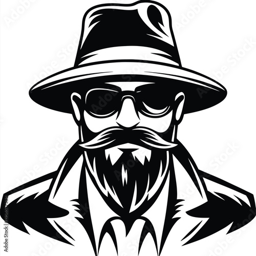 Monochrome of a bearded man wearing a hat and sunglasses exudes a confident persona