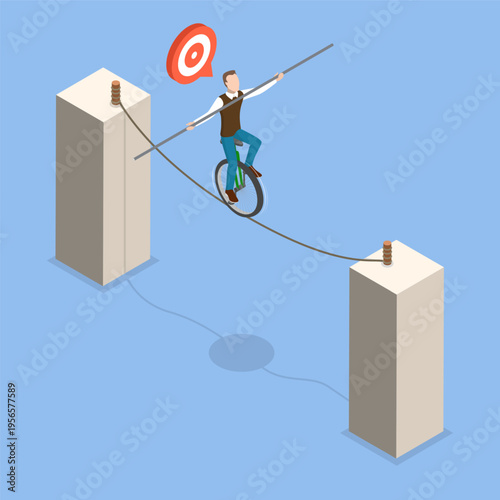 3D Isometric Flat Vector Illustration of Businessman On A Tightrope, Balancing On Unicycle