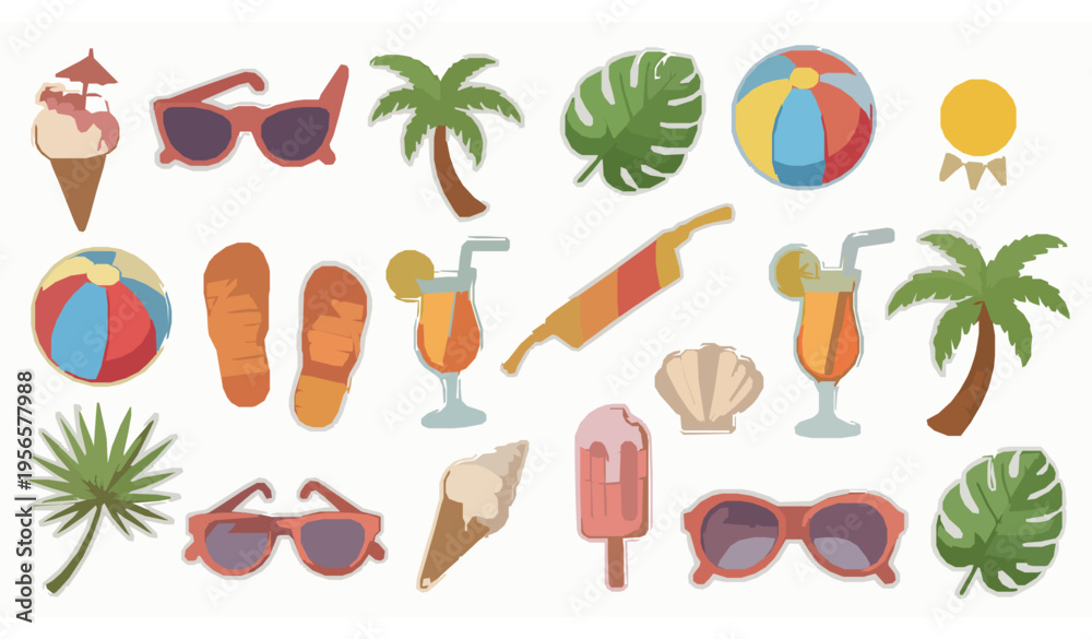 Fototapeta premium Cute summer stickers vector set for daily planner scrapbooking tropical beach vacation elements