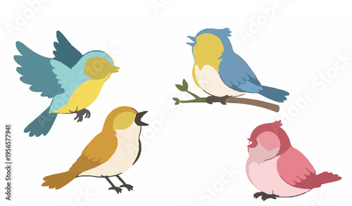 Childish cartoon spring birds vector set isolated on white background cute playful illustrations