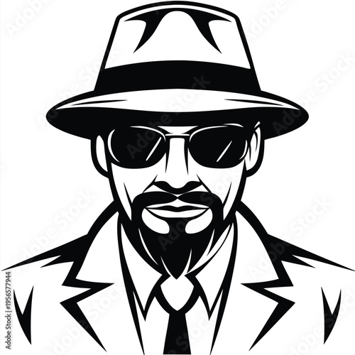 Monochrome portrait reveals a bearded man with glasses wearing a fedora and suit