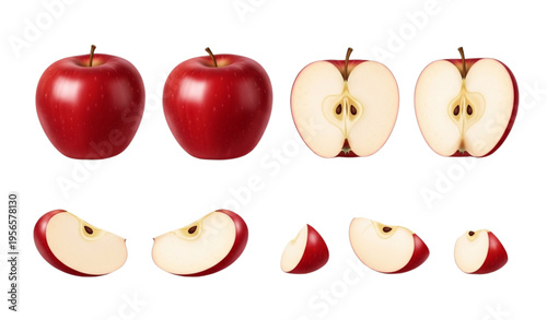 Realistic 3D red apple fruits vector set with whole, slice, and piece isolated on white for food illustration