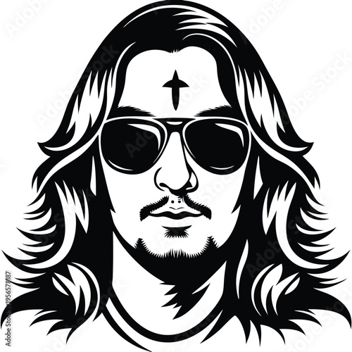 Monochrome portrait shows a bearded man with long hair and dark sunglasses looking forward