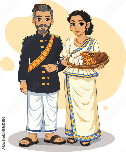 Traditional Sri Lankan Couple in Avurudu Attire Holding Festive Sweets – Cultural Illustration - sinhala new year