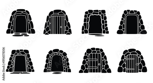 A collection of eight stone archways and doorways presented in a stark black silhouette high quality professional detailed modern elegant stylish
