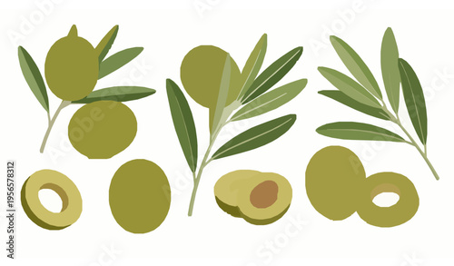 Realistic green olives vector set with olive branch and leaves isolated on white for food cosmetic design
