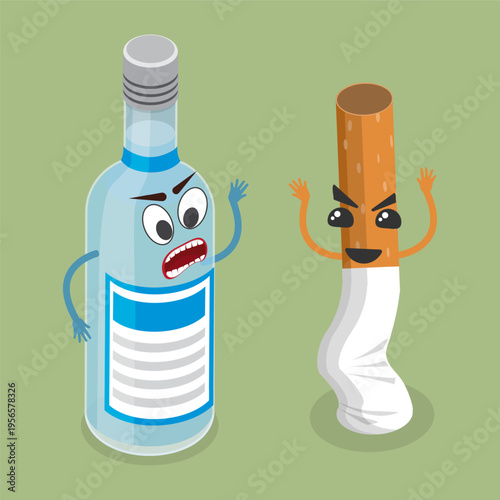 3D Isometric Flat Vector Illustration of Bad Habits, Bonded Vodka Bottle And Cigarette, Unlikely Best Friends In A Drunken Rage