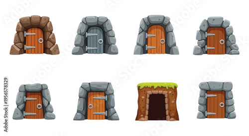 A collection of eight stone and wooden doors varying in style and construction presented as a flat design silhouette high quality