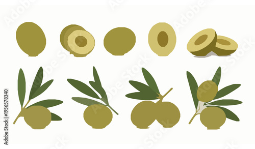 Realistic green olives and olive branch vector set isolated on white for cosmetic food oil illustration