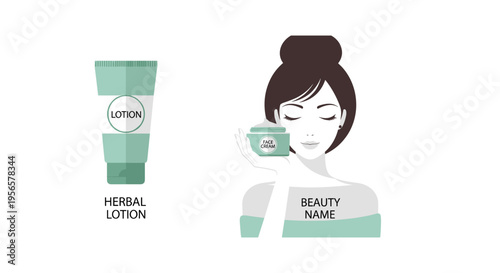 Herbal lotion tube and woman applying cream in minimalist flat illustration in soft calming colors for skincare branding