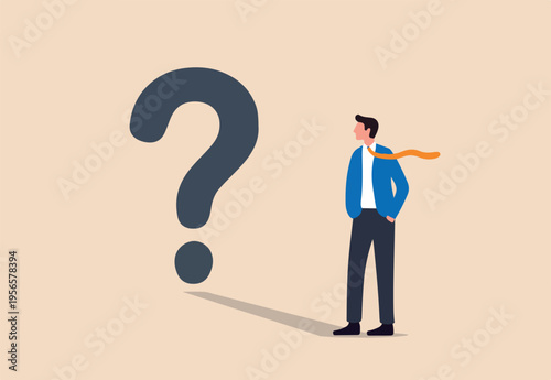 Confusion, uncertainty or self doubt, finding meaning in live, question to answer or searching solution to solve problem concept, curios businessman looking at self shadow as question mark sign
