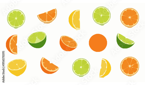 Citrus fruit slices vector illustration set with orange lemon lime isolated on white for food and beverage