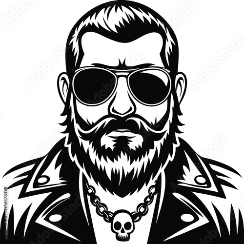 Monochrome shows bearded biker wearing sunglasses, leather jacket, and skull chain