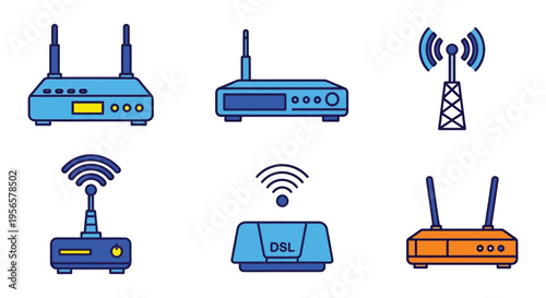 A collection of colorful router and antenna icons representing wireless network technology presented as a flat silhouette high quality professional detailed