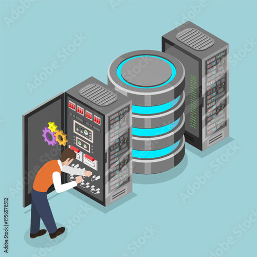 3D Isometric Flat Vector Illustration of Server Rack, Sysadmin Engineer Managing Switchboard In Server-Rack Cabinet