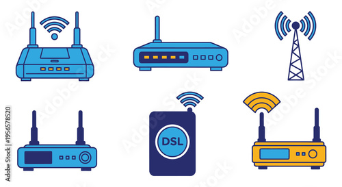 A collection of various wireless communication devices including routers modems and antennas presented as a silhouette high quality professional detailed modern