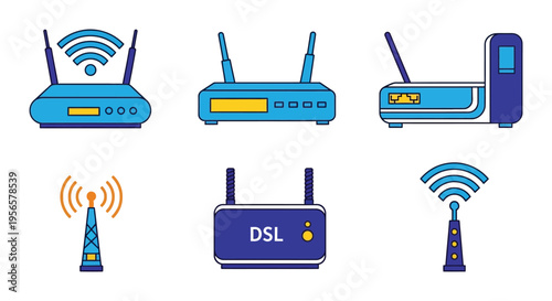 A colorful collection of wireless routers signal towers and network devices presented in a flat design silhouette high quality professional detailed