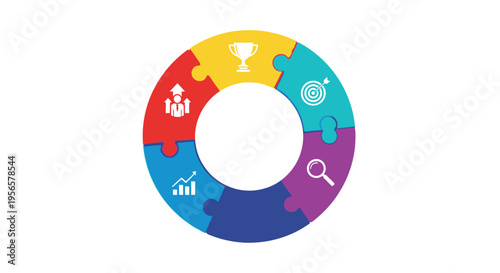 A colorful circular diagram composed of puzzle pieces and success icons