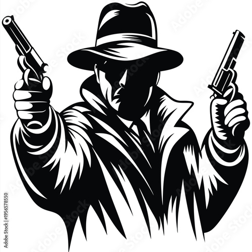 Monochrome shows mysterious man holding a revolver in each hand with confidence