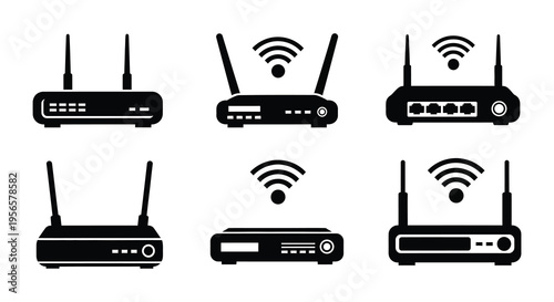 A collection of six black wireless router icons showing different designs and signal strengths in silhouette high quality professional detailed modern