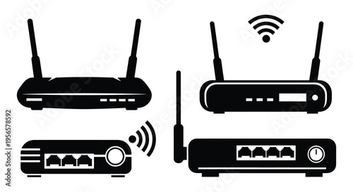 A collection of wireless router icons and network devices displayed in a stark black silhouette high quality professional detailed modern elegant
