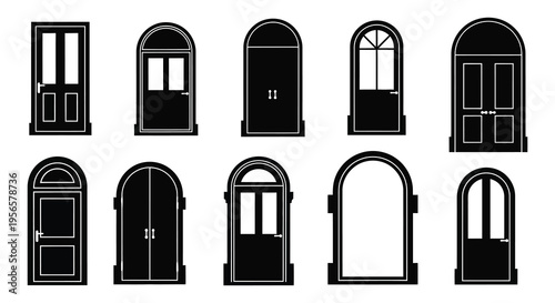 A collection of various black door designs showcasing different architectural styles in a striking silhouette high quality professional detailed modern elegant
