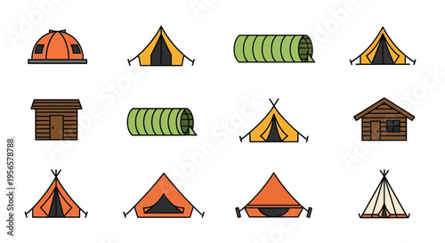 Colorful illustration depicting various types of camping shelters and structures