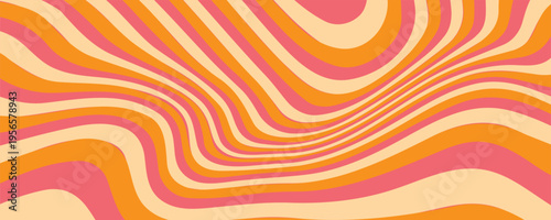 1970 Wavy Swirl Seamless Pattern in Orange and Pink Colors. Hand-Drawn Vector Illustration. Seventies Style, Groovy Background, Wallpaper, Print. Flat Design, Hippie Aesthetic.