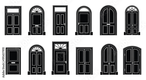 A collection of ornate black door designs in various architectural styles presented as a striking silhouette high quality professional detailed modern