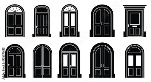 A collection of diverse architectural door designs presented in a striking black and white silhouette high quality professional detailed modern elegant