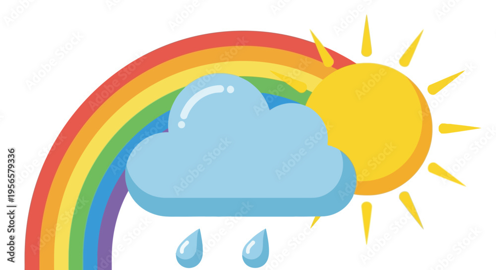 Naklejka premium Bright cartoon rainbow with sun, cloud, and raindrops vector illustration for weather forecast