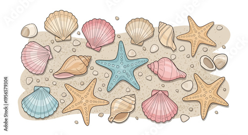 Hand-drawn vector illustration set of various seashells and starfish on sandy beach background