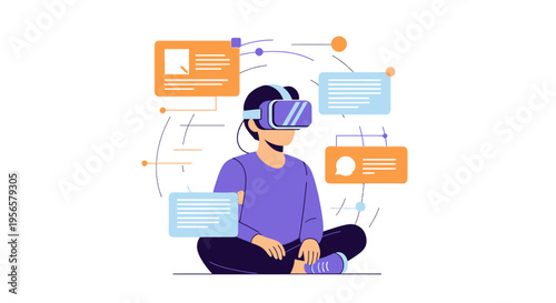 Man wearing VR headset interacting with virtual reality interface, metaverse concept vector illustration