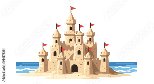 Detailed sandcastle with red flags on a beach with blue ocean waves, isolated vector illustration