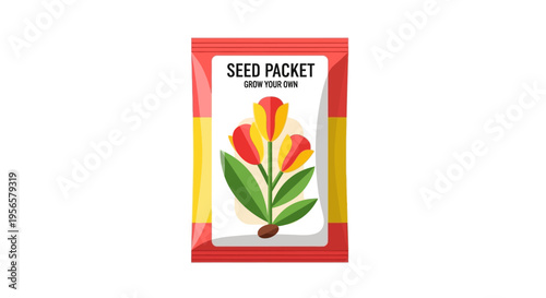 Red and yellow tulip seed packet vector illustration for gardening and planting projects