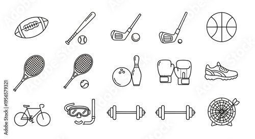 Set of 15 black and white outline sport equipment icons vector for fitness and game apps