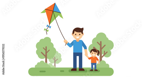 Father and daughter flying a colorful kite in a park, enjoying outdoor family time vector illustration