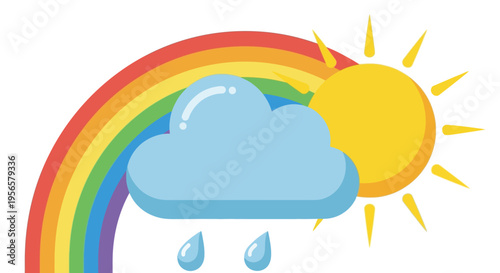 Bright cartoon rainbow with sun, cloud, and raindrops vector illustration for weather forecast