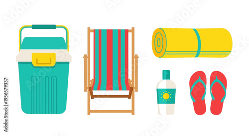 Summer beach vacation essentials vector set with cooler, deck chair, towel, sunscreen, and flip-flops