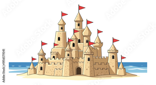 Detailed sandcastle vector illustration with red flags on a sandy beach by the ocean