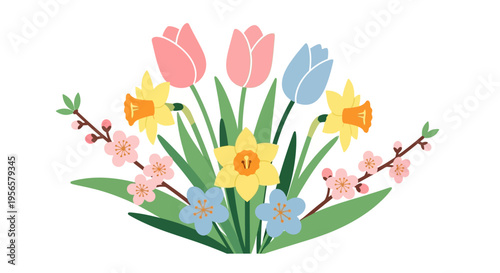 Spring flower bouquet vector illustration with tulips, daffodils, and cherry blossoms for seasonal designs