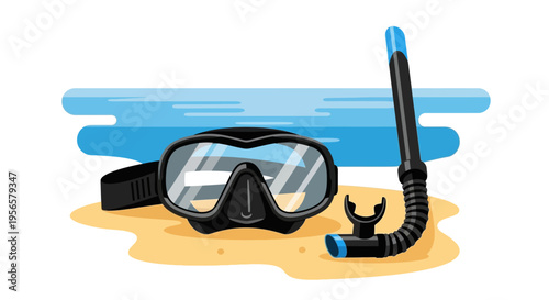 Black diving mask and snorkel vector illustration on sandy beach with blue water